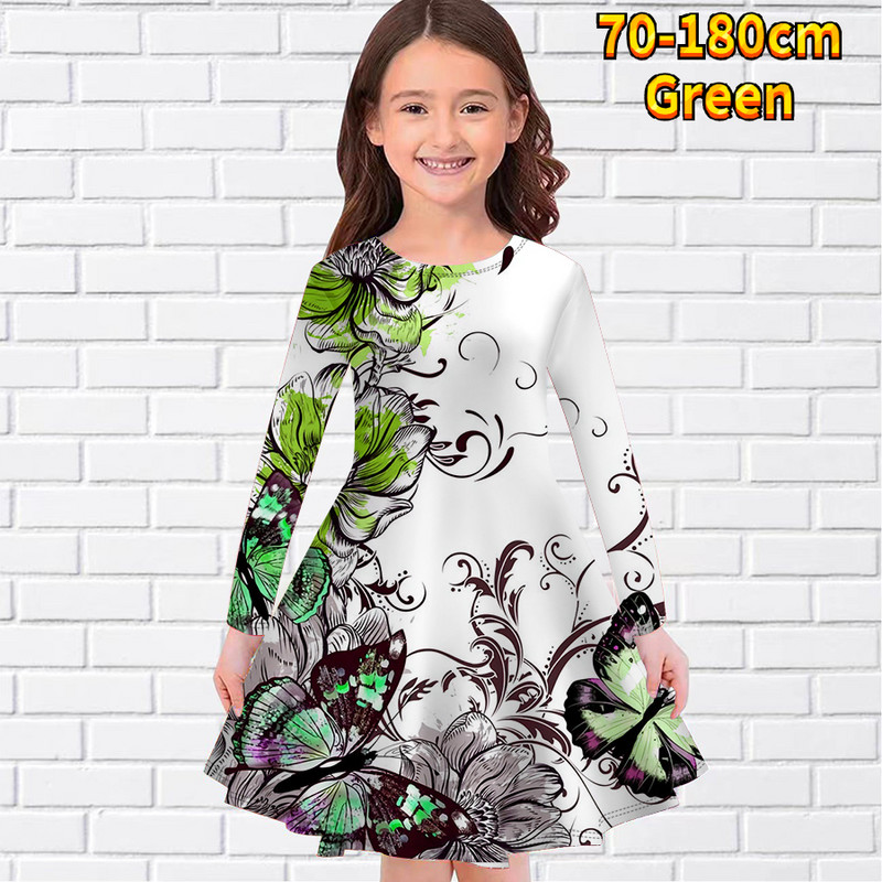 2022-es új őszi kerek nyakú ruha Téli mindennapi utcai vintage hosszú ujjú szoknya Kislány pillangós mintás térdig érő szoknya