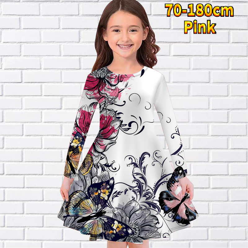 2022-es új őszi kerek nyakú ruha Téli mindennapi utcai vintage hosszú ujjú szoknya Kislány pillangós mintás térdig érő szoknya