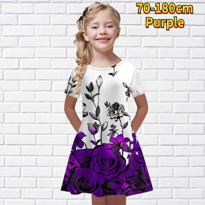 2022. aasta uus suvine ümara kaelusega lühikeste varrukatega seelik Little Girl Daily Lilleprint Põlveni ulatuv seelik Midi seelik Moodne printsesskleit