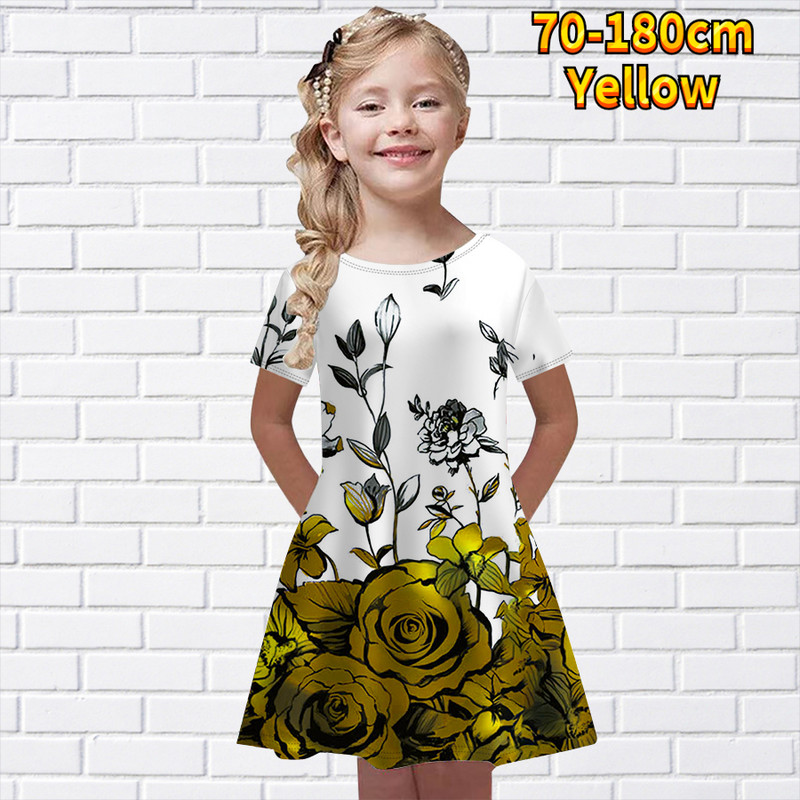 2022. aasta uus suvine ümara kaelusega lühikeste varrukatega seelik Little Girl Daily Lilleprint Põlveni ulatuv seelik Midi seelik Moodne printsesskleit