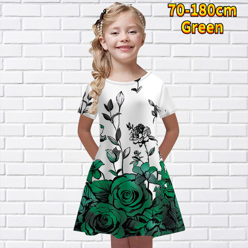 2022. aasta uus suvine ümara kaelusega lühikeste varrukatega seelik Little Girl Daily Lilleprint Põlveni ulatuv seelik Midi seelik Moodne printsesskleit