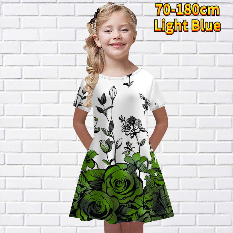 2022. aasta uus suvine ümara kaelusega lühikeste varrukatega seelik Little Girl Daily Lilleprint Põlveni ulatuv seelik Midi seelik Moodne printsesskleit