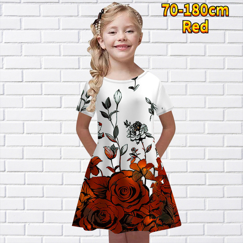 2022. aasta uus suvine ümara kaelusega lühikeste varrukatega seelik Little Girl Daily Lilleprint Põlveni ulatuv seelik Midi seelik Moodne printsesskleit