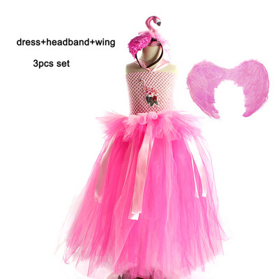 Princesės Flamingo Tutu suknelė Puošni rožinė mergaičių suknelė su galvos raišteliu ir sparnu, skirta gimtadienio vakarėliui.