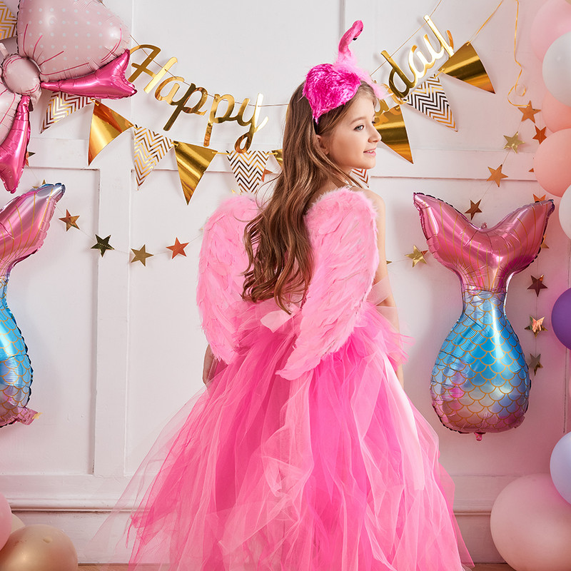 Princesės Flamingo Tutu suknelė Puošni rožinė mergaičių suknelė su galvos raišteliu ir sparnu, skirta gimtadienio vakarėliui.