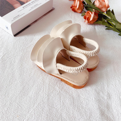 Tüdrukute sandaalid 2021, suvi, uued tüdrukute vibuprintsessikingad Lamedad sandaalid Laste pehmed ühevärvilised libisemiskindlad jalatsid