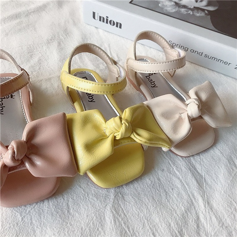 Tüdrukute sandaalid 2021, suvi, uued tüdrukute vibuprintsessikingad Lamedad sandaalid Laste pehmed ühevärvilised libisemiskindlad jalatsid