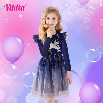 VIKITA Παιδικά Φορέματα Μονόκερος Κοριτσίστικα Φόρεμα χορού για πάρτι γενεθλίων Performance Κομψό φόρεμα νήπια Μακρυμάνικα πριγκίπισσα φορέματα