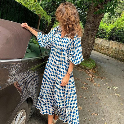 Új divatos puff ujjú hosszú ruha női nyári geometriai nyomattal fél ujjú ruha ünnepi túlméretezett laza strandruha köntös 20950