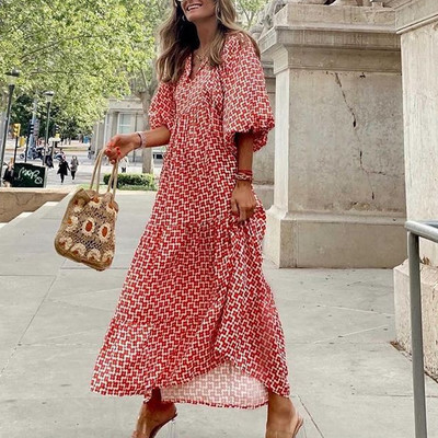 Új divatos puff ujjú hosszú ruha női nyári geometriai nyomattal fél ujjú ruha ünnepi túlméretezett laza strandruha köntös 20950