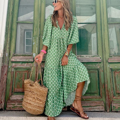 Új divatos puff ujjú hosszú ruha női nyári geometriai nyomattal fél ujjú ruha ünnepi túlméretezett laza strandruha köntös 20950