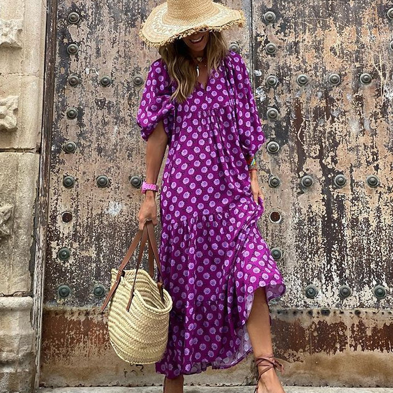 Új divatos puff ujjú hosszú ruha női nyári geometriai nyomattal fél ujjú ruha ünnepi túlméretezett laza strandruha köntös 20950