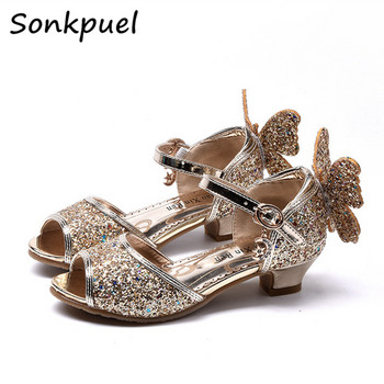 Принцеса Сандали за момичета Детски пеперуди Диамант на висок ток Детски блестящи латино танцови обувки с пайети Летни момичешки парти кристални обувки