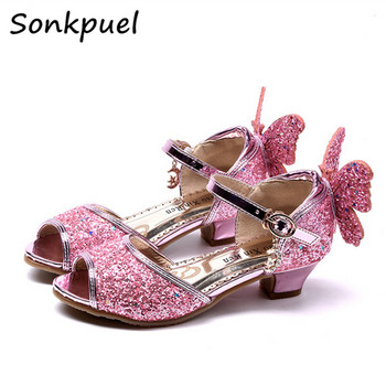 Принцеса Сандали за момичета Детски пеперуди Диамант на висок ток Детски блестящи латино танцови обувки с пайети Летни момичешки парти кристални обувки