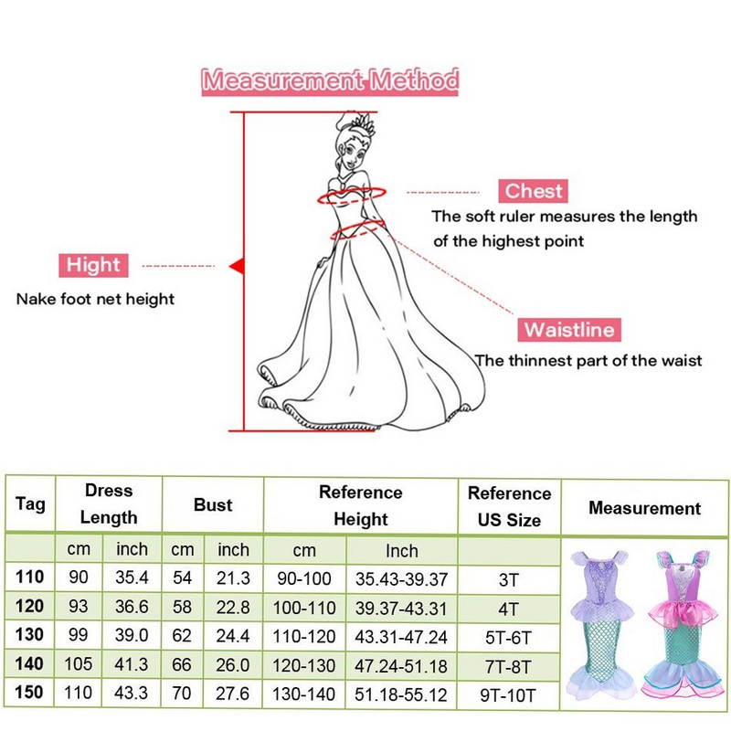 Tüdruku printsessi kleit Väike merineitsi kostüüm Beebitüdruk Arieli kleit suvine lastele Halloweeni sünnipäevapeo riided 3-10 aastat