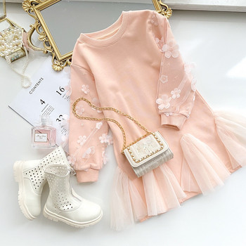 Нова модна рокля за момичета Детски памучни рокли за момичета Зимни тоалети Ежедневна рокля Розова рокля за малко момиченце с дантелено цвете