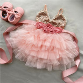 Blizganti gėlių mergaičių suknelė vaikams su diržu pynimo suknele auksine blizgučiais daugiasluoksnė suknelė vaikiška naujametinė suknelė