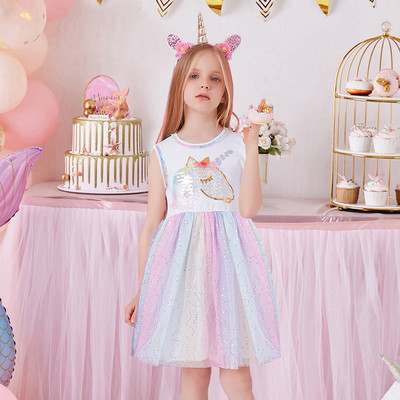 DXTON egyszarvú nyári lányruha, fényes ujjú gyerekruha, patchwork lány parti Vestidos Rainbow rajzfilm gyerekruha 3-8Y