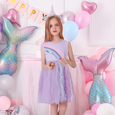 DXTON egyszarvú nyári lányruha, fényes ujjú gyerekruha, patchwork lány parti Vestidos Rainbow rajzfilm gyerekruha 3-8Y