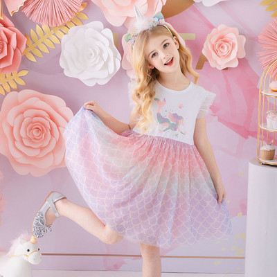 DXTON egyszarvú nyári lányruha, fényes ujjú gyerekruha, patchwork lány parti Vestidos Rainbow rajzfilm gyerekruha 3-8Y