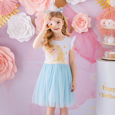 DXTON egyszarvú nyári lányruha, fényes ujjú gyerekruha, patchwork lány parti Vestidos Rainbow rajzfilm gyerekruha 3-8Y