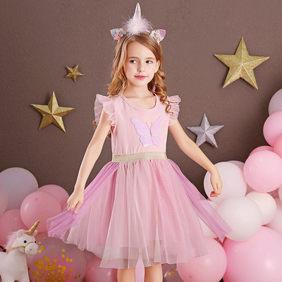 DXTON egyszarvú nyári lányruha, fényes ujjú gyerekruha, patchwork lány parti Vestidos Rainbow rajzfilm gyerekruha 3-8Y