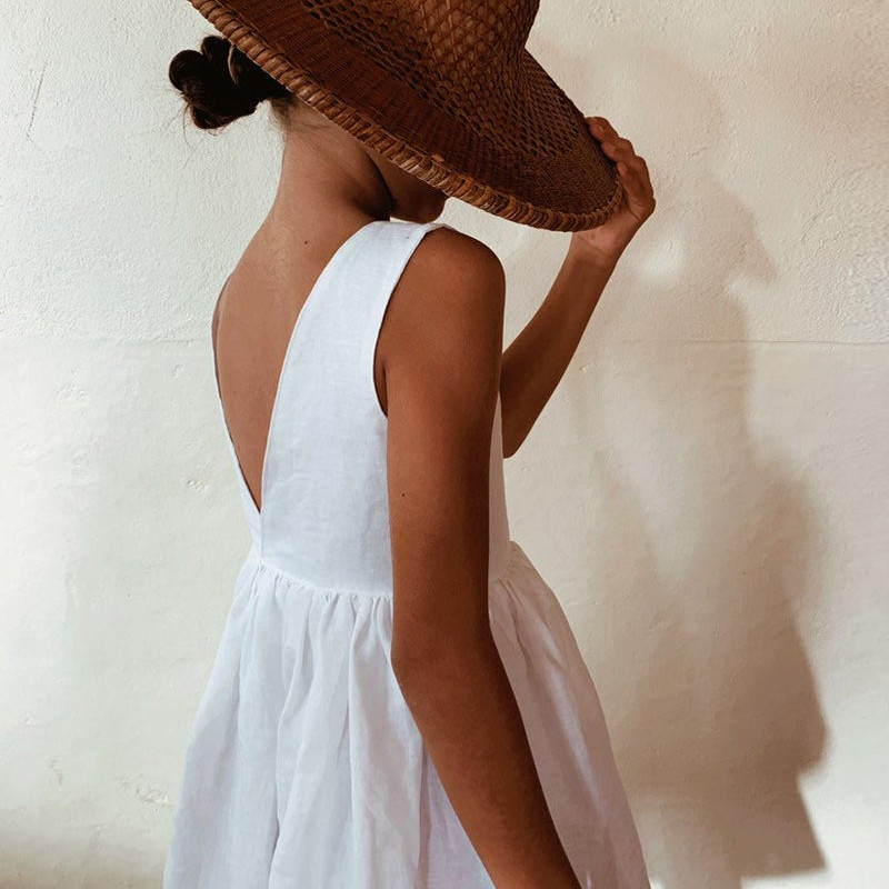 Lányruha 2022 nyári új, hasított hátú, mély V-nyakú, ujjatlan pamut és vászon ruhák TZ08