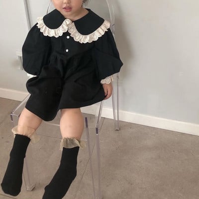 Pavasarinės vaikiškos suknelės mergaitėms, nėriniai, korėjietiško stiliaus mielos mergaičių suknelės ilgomis rankovėmis apykakle vakarėliui princesėms