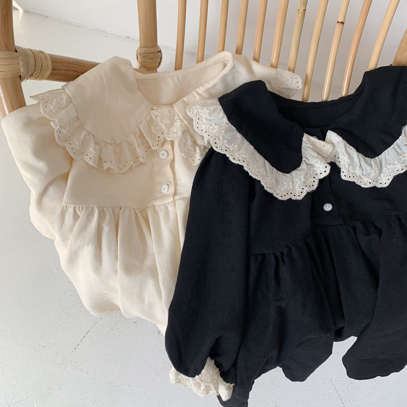 Kevadised lastekleidid tüdrukutele pitsist lapitehnikas Korea stiilis armsad tüdrukute pikkade varrukatega lahtikäiva kraega peoprintsessikleidid