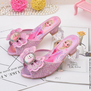 Летни сандали за момичета на Дисни, чехли с пайети Princesse, детска парти рокля с висок ток, обувки на Елза, кожени чехли за деца, пързалки