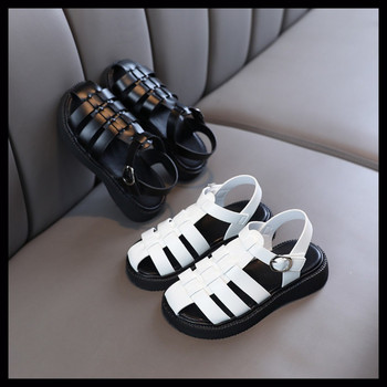 Сандали за момиче, летни черни, бели модни гладиаторски стил, лаконични детски плъзгачи, удобни 26-36 детски обувки с отворен пръст, равни пръсти
