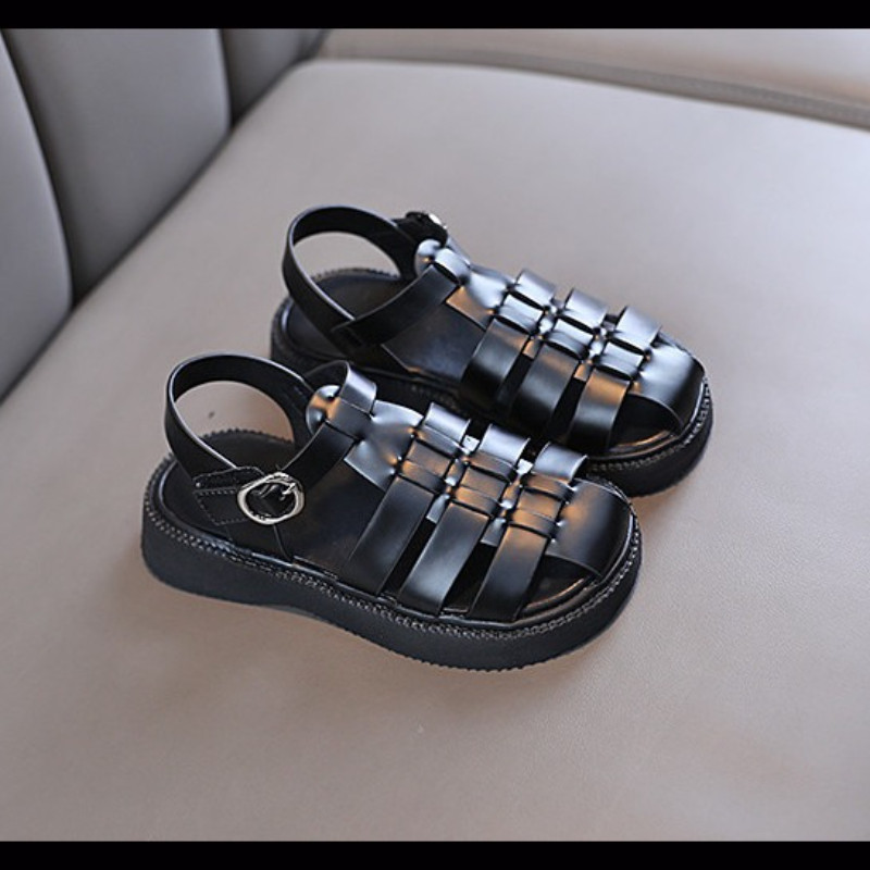 Mergaičių sandalai Vasariniai juodi balti gladiatorių stiliaus madingi glaustai vaikiški slankiojantys patogūs 26–36 pėdų pirštai vaikams plokščiapadžiai batai