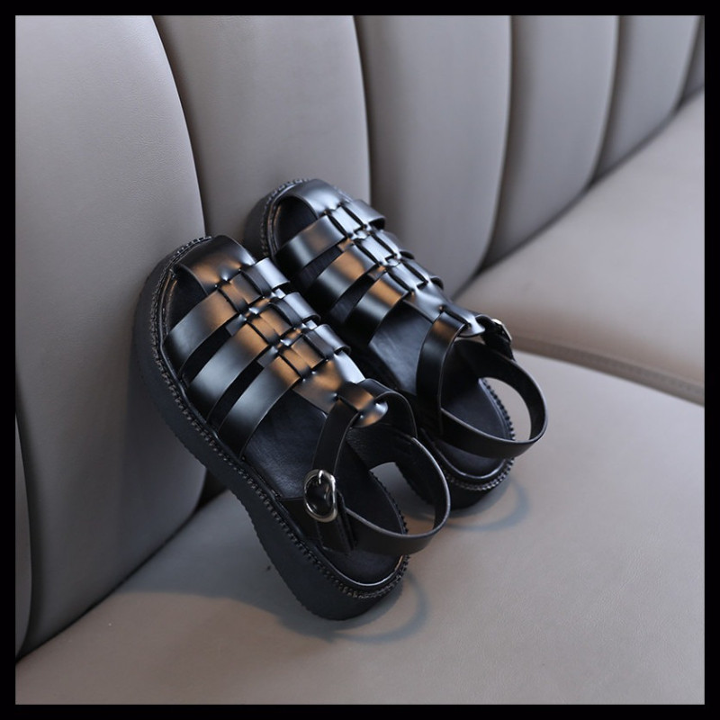 Mergaičių sandalai Vasariniai juodi balti gladiatorių stiliaus madingi glaustai vaikiški slankiojantys patogūs 26–36 pėdų pirštai vaikams plokščiapadžiai batai