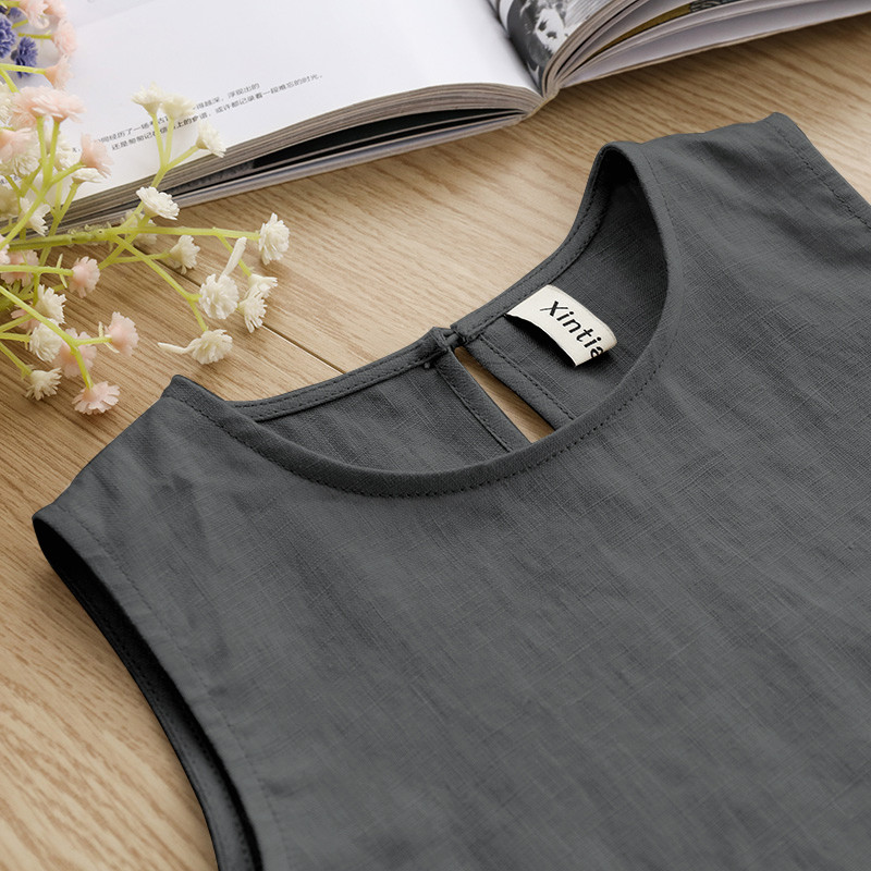 Pamut és lenvászon lányruha 2022 nyáron, új, alkalmi ujjatlan, tömör kisgyermekruha zsebekkel TZ22