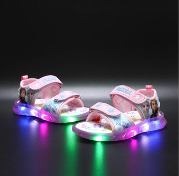 Летни нови анимационни сандали Frozen Elsa Сандали за момичета LED мигащи сандали Детски детски обувки Летни плажни сандали за момичета
