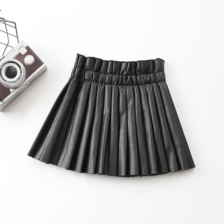 Tüdrukute seelikud Suvised vabaaja ühevärvilised PU-nahast seelikud Uus mood Lasteriided Sügislapsed plisseeritud seelikud