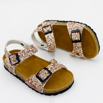 Блестящи летни детски обувки Коркови тапи 2020 г. Модни кожени сладки детски сандали за момичета Бебешки метални обувки с блясък