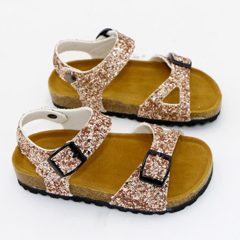 Блестящи летни детски обувки Коркови тапи 2020 г. Модни кожени сладки детски сандали за момичета Бебешки метални обувки с блясък
