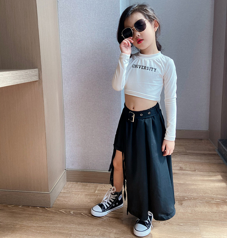 Koreai utcai ruházat, fekete sifon midi szoknya, hasított, szabálytalan magas derekú baba lányoknak gyerekruházat, parti show hosszú szoknyák 3-12 éves korig