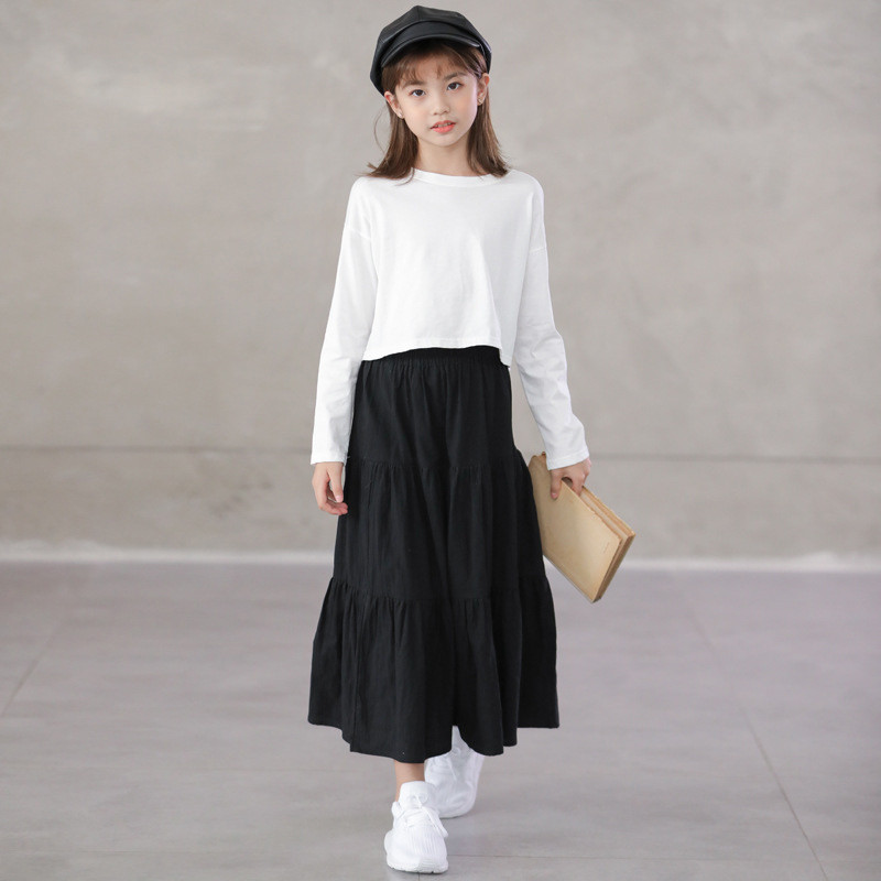 Nuo 6 iki 14 metų vaikams ir paaugliams juodos spalvos medvilninis sijonas Maxi ilgas sijonas mergaitėms laisvalaikio sluoksniuoti sijonai pavasario rudens vaikiški drabužiai