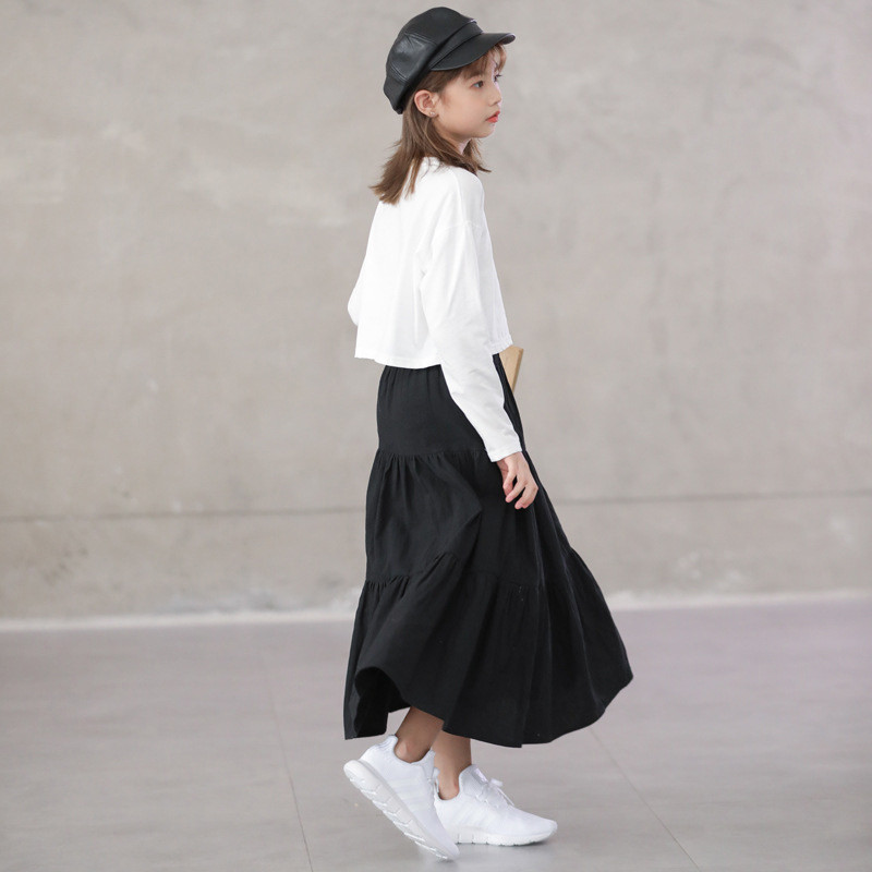 Nuo 6 iki 14 metų vaikams ir paaugliams juodos spalvos medvilninis sijonas Maxi ilgas sijonas mergaitėms laisvalaikio sluoksniuoti sijonai pavasario rudens vaikiški drabužiai