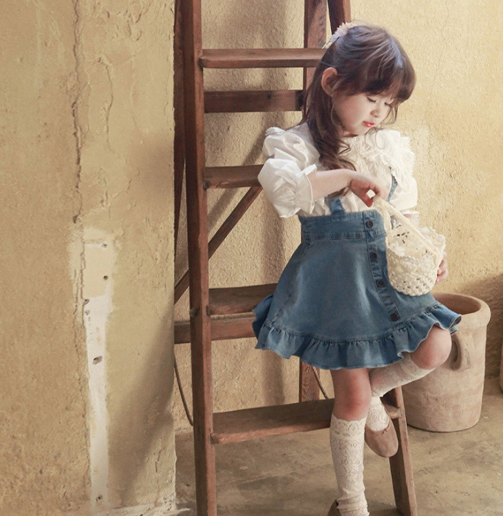 2022. Nova ljetna tinejdžerska suknja za djevojčice u korejskom stilu Tamno svijetloplava traper kombinezonska suknja A kroja Dječja odjeća 0-8 godina E807