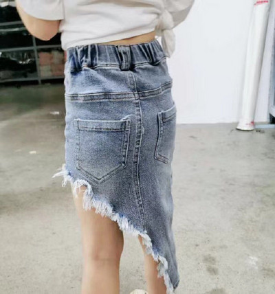 Madingas sijonas mergaitei, džinsinis sijonas, medvilninis mažylis paauglys, asimetriškas džinsinis sijonas laisvalaikio karšto dizaino vasaros drabužiai kūdikiams 2–12 m.