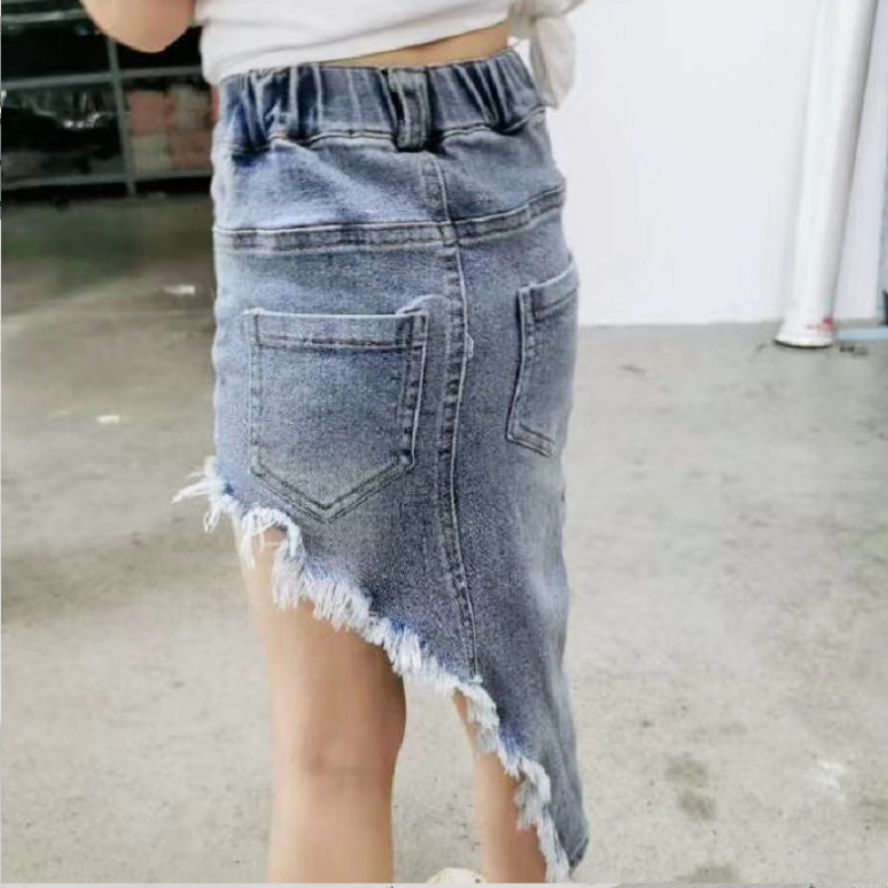 Madingas sijonas mergaitei, džinsinis sijonas, medvilninis mažylis paauglys, asimetriškas džinsinis sijonas laisvalaikio karšto dizaino vasaros drabužiai kūdikiams 2–12 m.