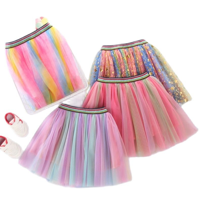 Nauji vaikiški vaivorykštiniai sijonai mokyklinei mergaitei tinklelis Tutu gimtadienio princesės vakarėlio šou šokių sijonas marlė rutulinė suknelė iki juosmens Faldas