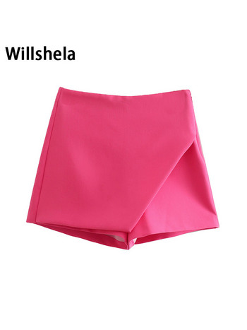 Willshela Γυναικεία μόδα ασύμμετρα σορτς φούστες Ψηλόμεσες τσέπες στο πλάι Φερμουάρ στο πλάι Vintage Γυναικείο Skort Μασίφ