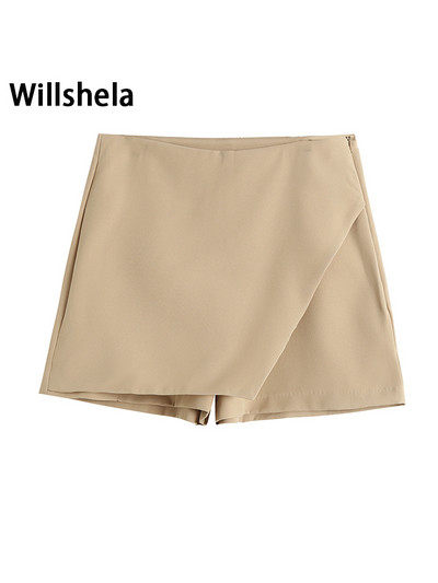Willshela moteriški madingi asimetriški šortai sijonai aukštu juosmeniu, nugaros kišenės, šoniniai užtrauktukai, vintažiniai moteriški, kieti
