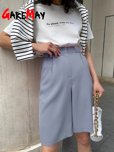 Vasaros moteriški šortai, 2022 m. Laisvi, laisvi plačiomis kojomis ilgi šortai, kišenės biure, tvirti, iki kelių, dideli šortai moterims