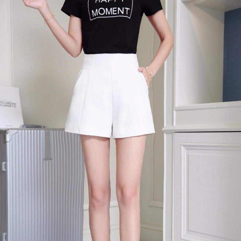 Női rövidnadrág tavaszi nyár alkalmi magas derekú, A vonalú rövidnadrág 2021 bő, széles szárú sifon rövidnadrág Elegáns hölgy fekete fehér öltöny rövidnadrág