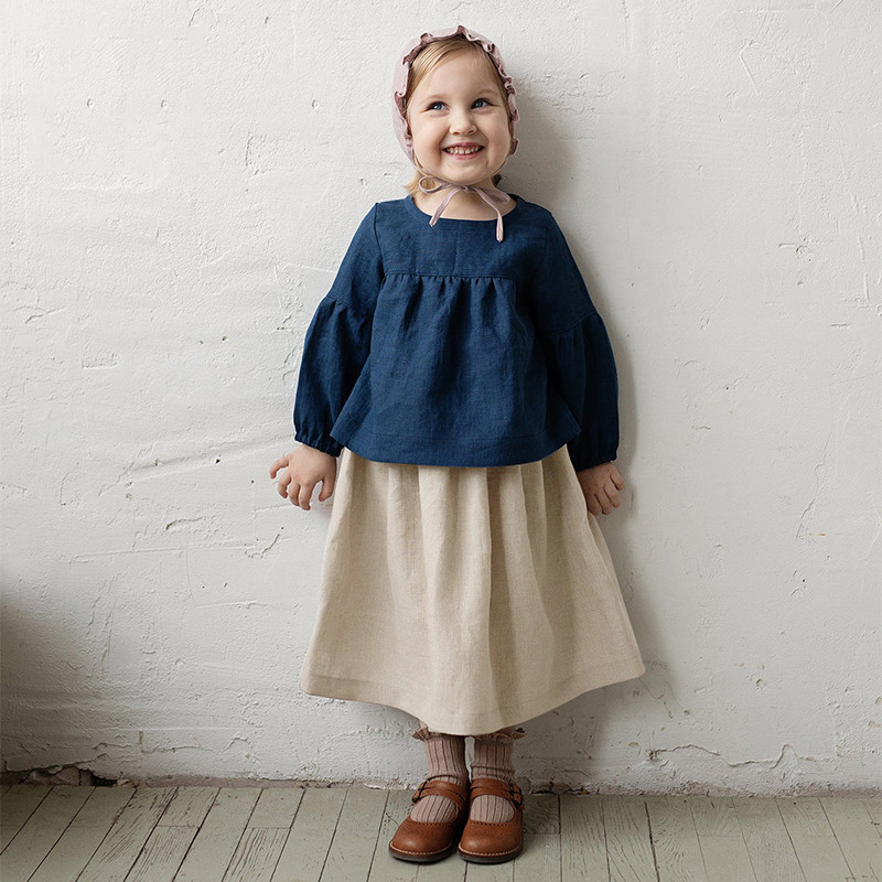 Lányok vászon hajtogatott szoknya 2022. őszi új baba szoknya rugalmas derekú pamut és lenvászon A vonalú rövid szoknya TZ46